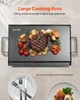 A close-up marketing image of a flat grill plate with food on it, along with plates and cutlery. Produktbild-Vorschau