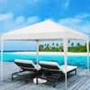 A white pop-up canopy tent is set up on a wooden deck overlooking a tropical beach with turquoise water and palm trees. Voir les images du produit
