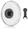 A round metal mesh basket with a black center attachment, next to a black plastic tool. Produktbild-Vorschau