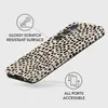 A phone case with a dalmatian-like pattern is shown at an angle, with callouts highlighting its features. Produktbild-Vorschau
