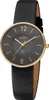 A close-up studio shot of a women's wristwatch with a black leather strap and a dark gray dial. Produktbild-Vorschau