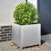 A square planter with a green bush sits on a paved patio next to a brick wall and a door. Anteprima dell’immagine prodotto