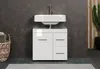 A white bathroom vanity with a sink and faucet against a dark textured wall, with a basket of towels to the left and a potted plant to the right. Podgląd zdjęcia produktu
