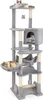 A multi-level cat tree with various platforms, a hammock, a cubby, and a basket, all covered in gray plush fabric and accented with beige sisal-wrapped posts.