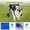 A pug wearing a blue and black dog wheelchair on a grassy lawn, with three smaller inset images at the bottom showing fabric texture, a washing icon, and a washing machine. Produktbild-Vorschau