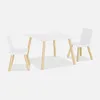 A white square table with two white chairs with wooden legs, set against a white background. Anteprima dell’immagine prodotto