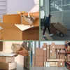 A collage of images showing different aspects of packaging and shipping, including filling boxes with packing material, a delivery person pushing a cart with boxes, and a person holding a small box. Produktbild-Vorschau
