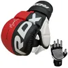 A pair of red, black, and white RDX MMA sparring gloves is shown against a white background. A smaller, transparent image of a hand wearing a similar glove is also visible. Voir les images du produit