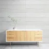 A white and wood sideboard with a plant on top, set against a wood-paneled wall. Produktbild-Vorschau