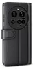 A black leather flip case for a smartphone, showing the camera module. Produktbild-Vorschau