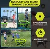 Collage of images showing people playing a paddle game outdoors on a beach and in a grassy area, with text overlays describing features. Produktbild-Vorschau