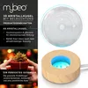 A collage of product images and descriptive text for a MyBeo 3D crystal ball with LED lighting, featuring a solar system design and a wooden base. One image shows hands holding a gift-wrapped present, suggesting it as a gift. Voir les images du produit