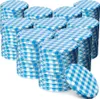 A stack of blue and white checkered jar lids. Voir les images du produit