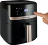 A Russell Hobbs air fryer is shown with a hand pressing a button on its digital display. Produktbild-Vorschau