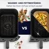 A split image showing a dirty air fryer basket on the left and a clean air fryer basket with food on the right, separated by a 'VS' graphic. The top of the image has text about water and grease resistance. Anteprima dell’immagine prodotto