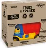 The image shows the packaging of a toy truck and trailer. Produktbild-Vorschau