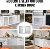 A collage of images showcasing outdoor and indoor kitchen doors in various settings, including a BBQ island, an outdoor kitchen setup, and an indoor kitchen. Náhled obrázku produktu