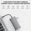 A gray USB hub is connected to a laptop, with icons and text indicating its functionality. Produktbild-Vorschau
