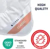 A close-up of a white textile product with a label indicating brand and quality certifications. Voir les images du produit