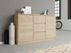 A light wood tone sideboard with drawers and cabinets, placed against a gray wall. Decorative vases and framed pictures are on top. A bicycle wheel is visible in the background near a window. Produktbild-Vorschau