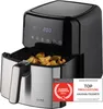 A black and silver air fryer with a basket of fries, placed on a white background with marketing badges. Produktbild-Vorschau