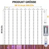 Diagram showing the dimensions and components of an LED curtain light string. Produktbild-Vorschau