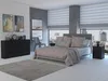 A modern bedroom with a large window overlooking a city skyline. Náhľad obrázku produktu
