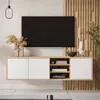 A modern TV stand with white cabinet doors and a wood-tone frame, mounted on a wall with a wooden slat accent. Produktbild-Vorschau
