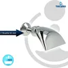 A chrome showerhead with a curved spout, mounted on a wall. There is a measurement indicator and brand logo. Produktbild-Vorschau