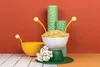 A whimsical arrangement of pasta, mushrooms, and kitchenware with cartoonish eyes, set against an orange wall and tiled floor. Podgląd zdjęcia produktu