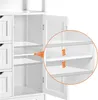 A white wooden cabinet with its doors open, revealing adjustable shelves inside. An inset circle highlights the adjustable shelves with arrows indicating movement. Produktbild-Vorschau