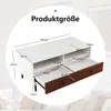 A diagram showing the dimensions of a white and brown coffee table with open shelves and drawers. Produktbild-Vorschau