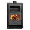 A black wood-burning stove with a glass door showing burning logs. Produktbild-Vorschau