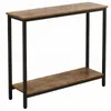 A narrow console table with two shelves, made of wood-look material and black metal frame, against a white background. Produktbild-Vorschau