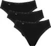 Three black Sloggi women's cotton lace briefs are stacked on a white background. Produktbild-Vorschau