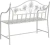 A white metal garden bench with a decorative backrest featuring palm leaves and birds. Podgląd zdjęcia produktu