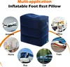 Collage of images showing the inflatable footrest pillow in various settings like airplane, home, office, bus, train, and car. Produktbild-Vorschau