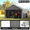 A carport structure with a tractor inside, surrounded by a grassy area and trees. The image is divided into sections showing different features of the product. Produktbild-Vorschau