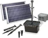 A solar-powered pond filter set with accessories, including solar panels, a filter box, a pump, and various attachments. Produktbild-Vorschau