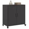 A dark gray metal cabinet with two doors and wheels, placed on a white background. There are books and a decorative vase on top of the cabinet. Anteprima dell’immagine prodotto