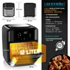 A product image with dimensions, features, and technical data displayed. The main product is an air fryer. Produktbild-Vorschau