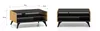 Two views of a modern TV stand with a black top and shelves, and light wood-colored sides and legs. Podgląd zdjęcia produktu