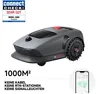 A robotic lawnmower is shown from a slightly elevated side angle, with marketing text and a smartphone app interface displayed. Produktbild-Vorschau