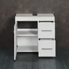 A white vanity cabinet with one door and two drawers against a textured dark gray wall. Podgląd zdjęcia produktu