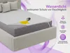 A mattress protector is shown on a bed, with a spill of yellow liquid on it to demonstrate its waterproof feature. There are icons and text on the right side listing product features. Produktbild-Vorschau