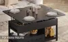 A dark brown lift-top coffee table is shown in a living room setting, with plates, glasses, and cutlery set on its surface, suggesting it can be used for dining. The table has storage compartments underneath. Produktbild-Vorschau