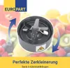 A close-up of a blender blade attachment with a blurred background of various fruits, and a logo at the top left. Text at the bottom describes the product's features. Produktbild-Vorschau