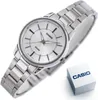 A silver Casio watch with a white dial is shown on a white background, with its box nearby. Produktbild-Vorschau