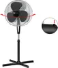 A product image of a black and silver stand fan with red arrows indicating oscillation and a close-up inset showing a height adjustment mechanism. Náhled obrázku produktu