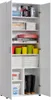 A tall, white, multi-purpose cabinet with its doors open, revealing shelves filled with various items. Voir les images du produit